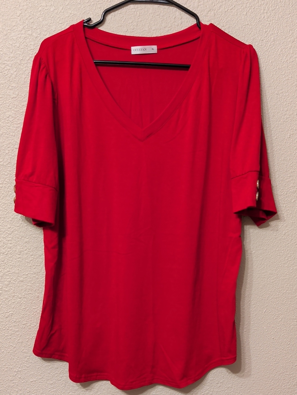 CeCe Red V-Neck Short Sleeve Top with Button Tab